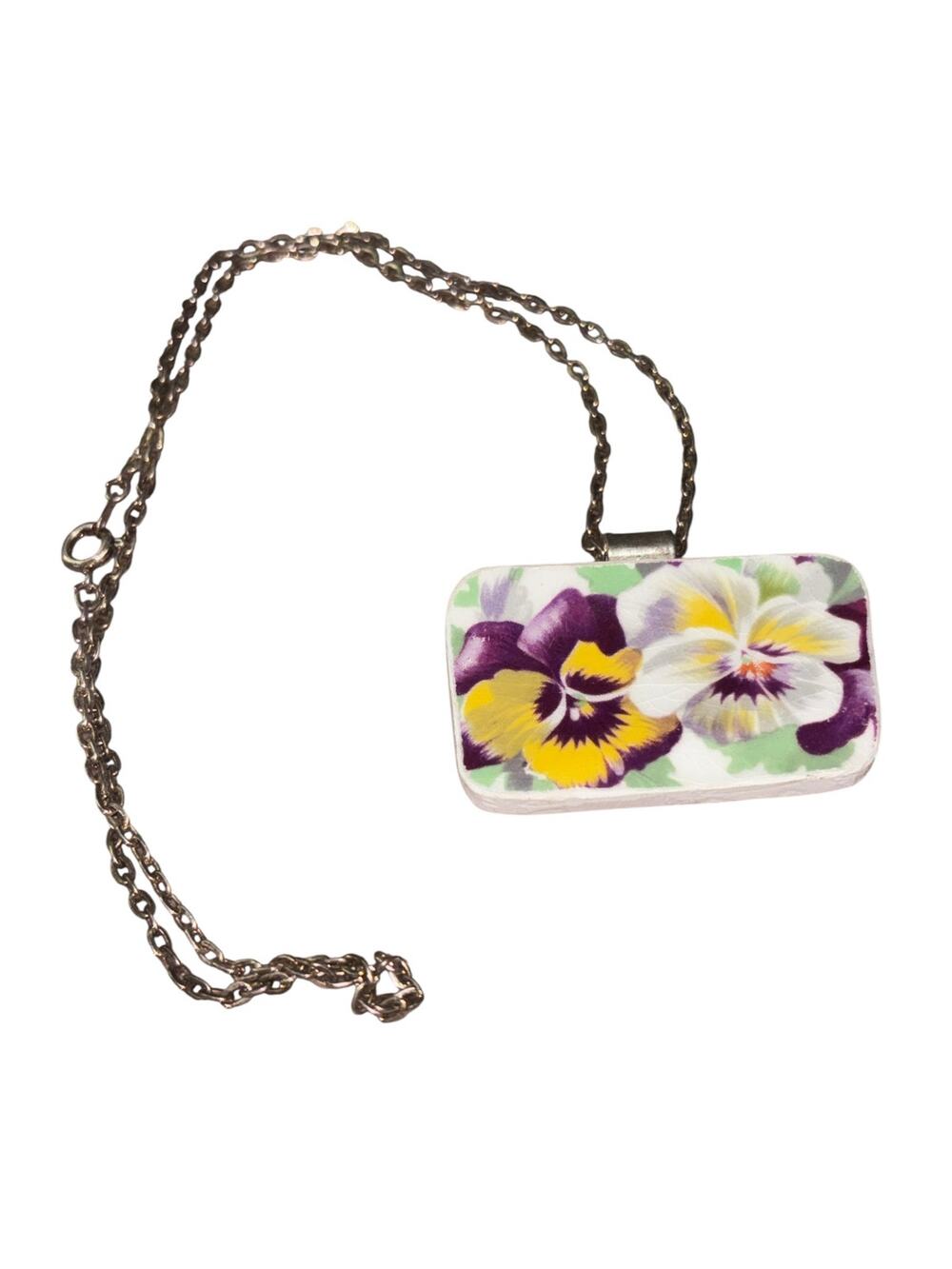 Handmade Broken Plate Pansy Pendant Made From A Vintage Plate One of a Kind 18”